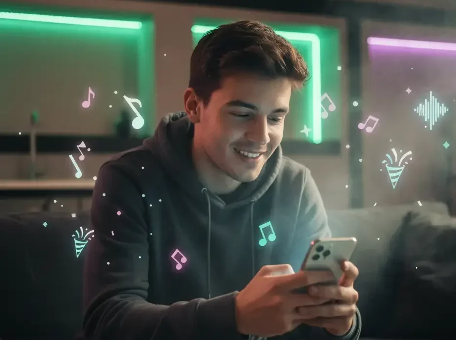 Persona recibiendo novedades de Loop Eventos en su celular, con íconos de música, luces y fiesta alrededor.